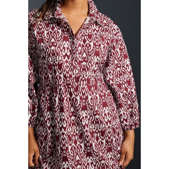 NWT Anthropologie Maeve The Bettina in Wine Bordeaux Ikat Tiered Shirt Dress L - Picture 4 of 12